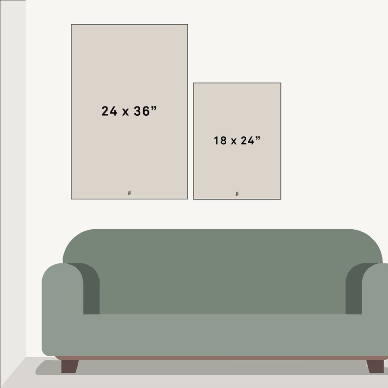 May include: Two framed prints, one 24 x 36 inches and the other 18 x 24 inches, are displayed above a green sofa. The prints have a neutral color and are rectangular. The text on the prints indicates their dimensions.