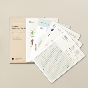 Può includere: Un set di schede di riferimento per coltivatori, Ed. 1, con vari grafici e diagrammi informativi. Le schede includono argomenti come l'identificazione dei parassiti e l'analisi dei nutrienti. Le schede sono in una custodia di cartoncino beige.