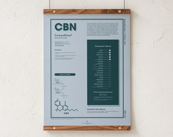 Impresión sobre CBN: Una mirada más de cerca, infografía sobre cannabinoides, póster educativo sobre el cannabinol y cannabis medicinal, arte mural para dispensarios de Goldleaf