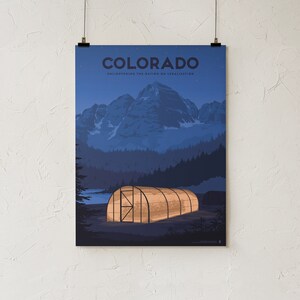 May include: A poster featuring a nighttime landscape of Colorado. The design includes a mountain range, a forest, and a glowing greenhouse. The word "COLORADO" is at the top, with the text "ENLIGHTENING THE NATION ON LEGALIZATION" below.