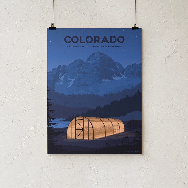 May include: A poster featuring a nighttime landscape of Colorado. The design includes a mountain range, a forest, and a glowing greenhouse. The word "COLORADO" is at the top, with the text "ENLIGHTENING THE NATION ON LEGALIZATION" below.