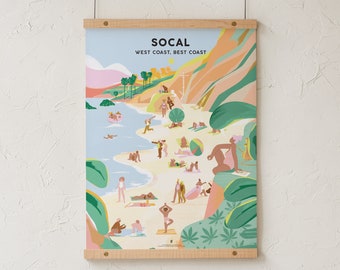 Lámina de viaje de cannabis del sur de California, póster turístico vintage, arte mural playero del sur de California, sutil obra de arte con marihuana de Goldleaf