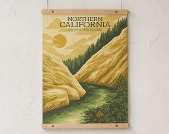 Lámina de viaje de cannabis por el norte de California, póster vintage de turismo de marihuana, arte mural de las montañas de Sierra Nevada de Goldleaf