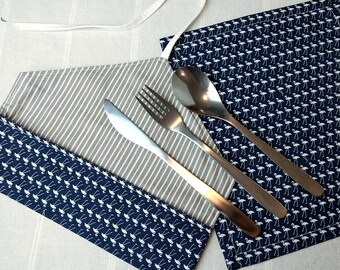 Utensil Wrap, Optional Stainless Steel Utensils, Reversible, Cotton Napkin, Cutlery Pouch, Pre-washed Cotton, Navy Flamingos