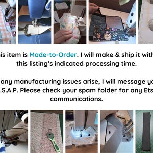 May include: A collage of images showing the sewing process for fabric accessories, including floral and patterned textiles, a rotary cutter, sewing machine needles, webbing straps, and metal hardware clips on a green cutting mat surface.