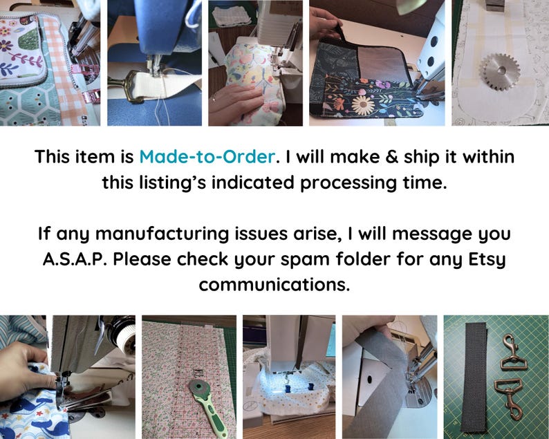 May include: A collage of images showing the sewing process for fabric accessories, including floral and patterned textiles, a rotary cutter, sewing machine needles, webbing straps, and metal hardware clips on a green cutting mat surface.