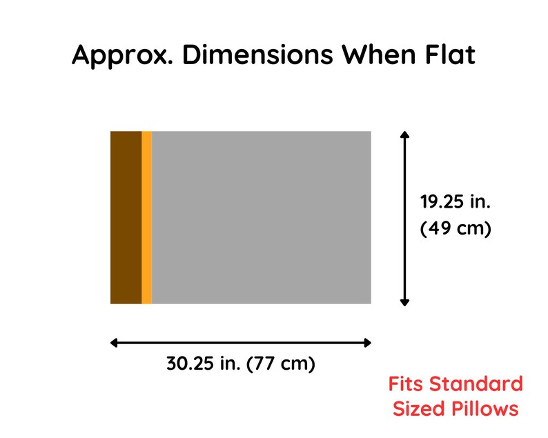 May include: A rectangular pillowcase graphic with the text Approx. Dimensions When Flat and Fits Standard Sized Pillows. The design features a large gray section, a thin orange stripe, and a dark brown stripe, measuring 30.25 inches by 19.25 inches.
