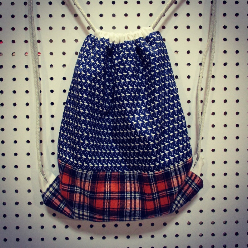 Flamingo and Plaid Tencel Thread Cotton Cord Linen Cotton Lining Cotton Drawstring Backpacks