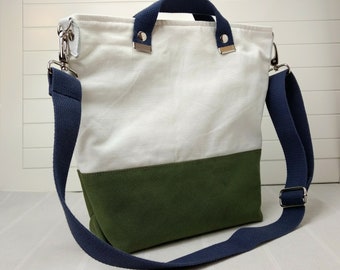 Dual-Tone Crossbody Tote with Magnetic Closure and Adjustable Strap