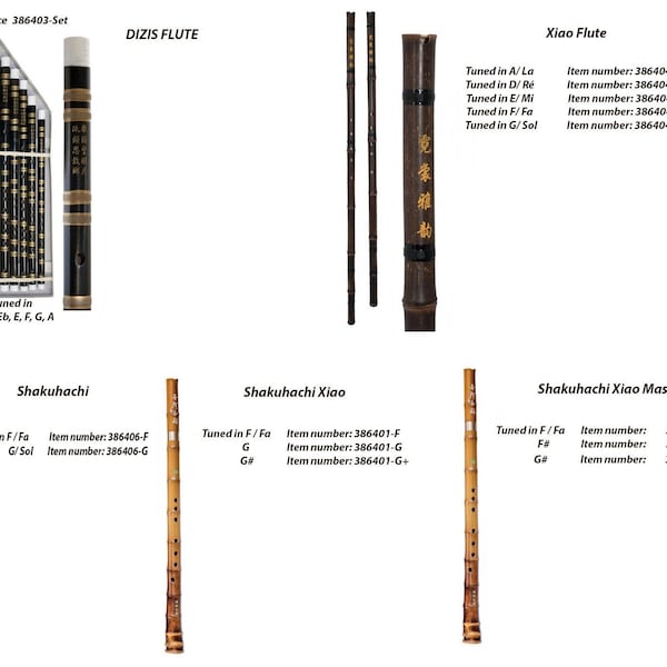 Selection of traditional Chinese and Japanese flutes, Shakahachi Xiao and Shakuhachi Xiao, Dizis, standard or master finish. Pure sound