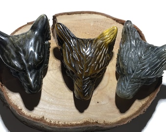 Pendentif "Tête de loup" en obsidienne doré, oeil de tigre ou labradorite, magnifique qualité de finition, "sculpté main". Vendu avec cordon