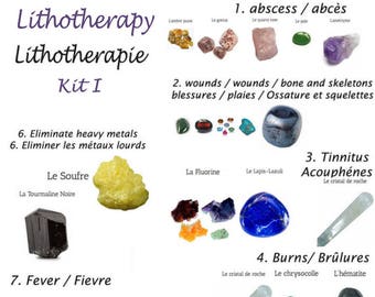 Kit de 'Lithothérapie I' : 1.Abcès 2.Acouphène 3.Blessures  4.Brulures 5.Dents 6.Métaux lourds 7.Fièvres 8.gorges 9.Tabac