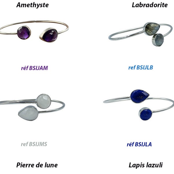 Bracelet 'Jonc' Argent 925 rhodié - Amethyste, Lapis, Labradorite, Pierre de Lune. Très belle qualité, pierre facetté pour un rendu parfait