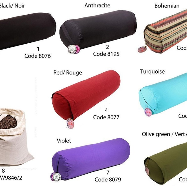 Bolster/ Traversins / Coussin cylindrique, 60cm x 20, de chez Yogi & Yogini, en coton bio, aux normes GOTS, certifiés OCS. Graines y compris