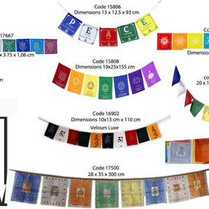 Sélection de 12 Cordons de drapeaux de prières Tibétaines, de 1m à 8m de longueur, divers modèles aux choix, simple à installer, effet MAX !