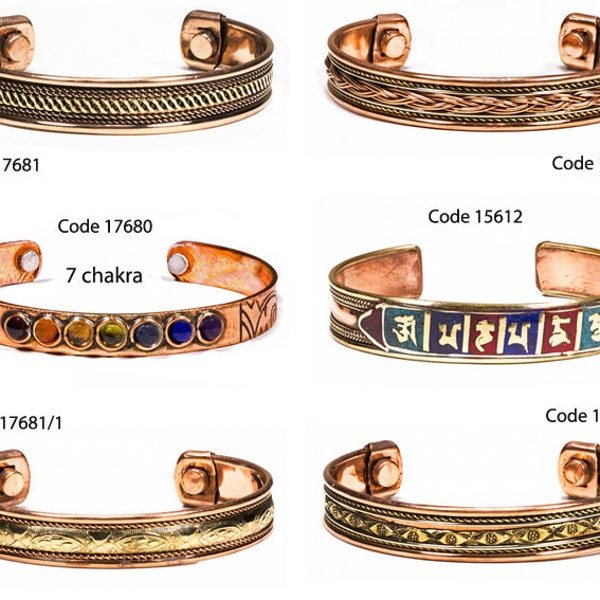 Bracelets en cuivre avec 2 aimants anti douleurs, 6 modèles au choix dont un 7 chakras, nettoie, active, équilibre les énergies.