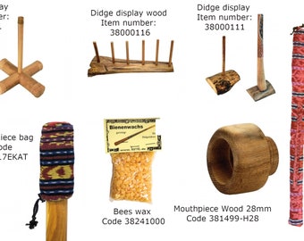 Accessories for didgeridoo and rain stick, covers, wax, tip, support and storage rack!!! perfect for your instruments!