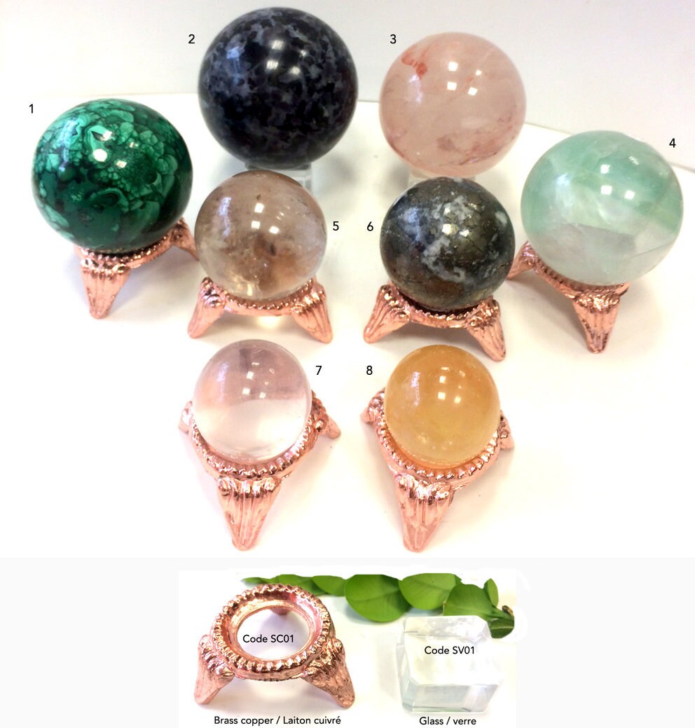 Sélection de Sphères, 3 à 6 cm, Qualité Extra, Malachite, Quartz, Fluorite, Gabbro, Pyrite, Calcite