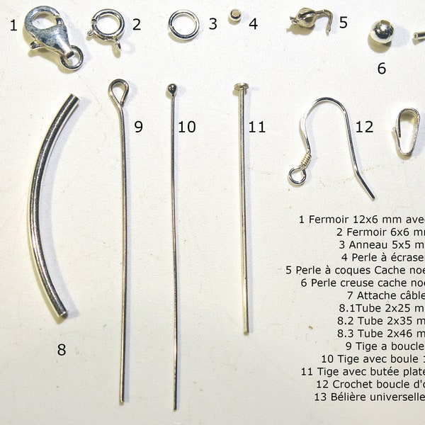 Apprêts, sélection qualité en Argent 925, fermoir, perle à écraser, perle cache noeud, tube, tige, boucle d'oreille, bélière... EXTRA !!!