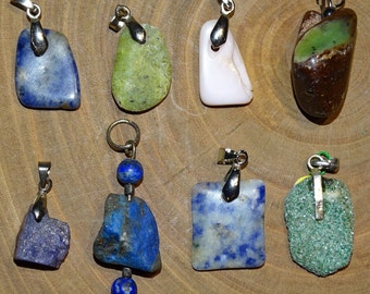 Pendants at low prices, Silver Attachment, Lapis Lazuli, Azurite, Serpentine, Chrysoprase, Fuchsite, Pink Opal, sold with or without cord