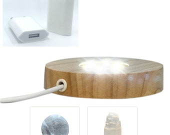 Socle bois à led, prise USB avec option adaptateur pour secteur, 10x2 cm. Base d'éclairage avec effets de lumière. Ambiance ludique, parfait