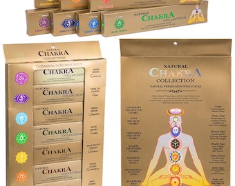 Lot de 7 pack de stick d'encens 7 Chakras, gamme Premium, boîte de 15/ 20 grammes, avec tableau récapitulatif des chakras. Top en cadeau !!!