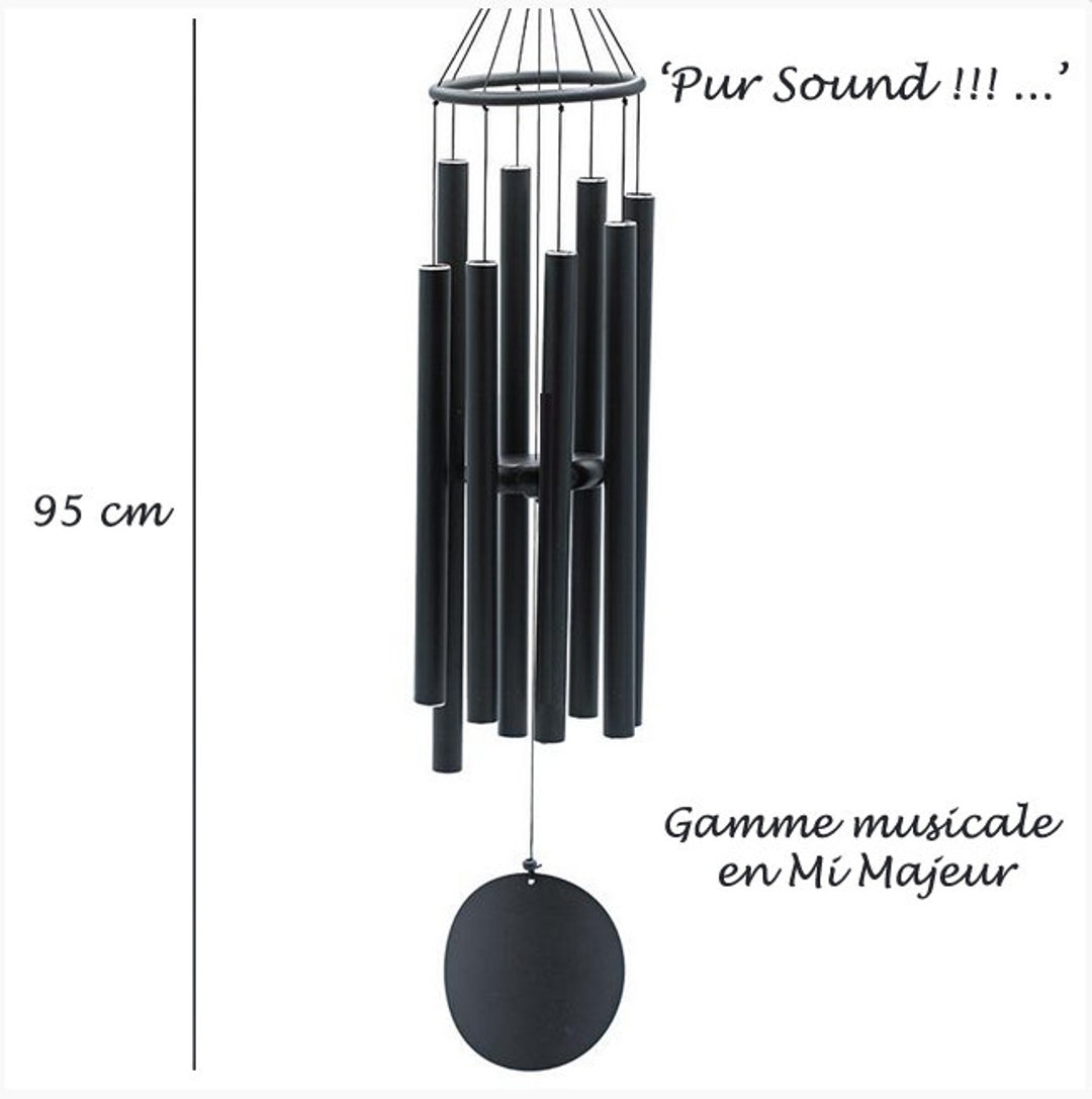 Carillon à vent '8 tubes', 95cm de long, noirs, gamme musicale MI E majeur.  'PUR SON' Un son magnifique, harmonieux et chaleureux. -  France