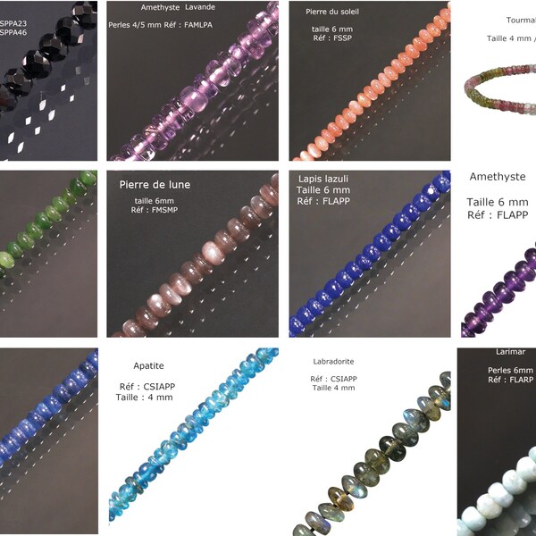 Perles 'pastilles/ rondelles', de 4 à 6 mm, en bracelets, colliers ou fils de perle de 40cm. Perles diverses au choix, très belle qualité !
