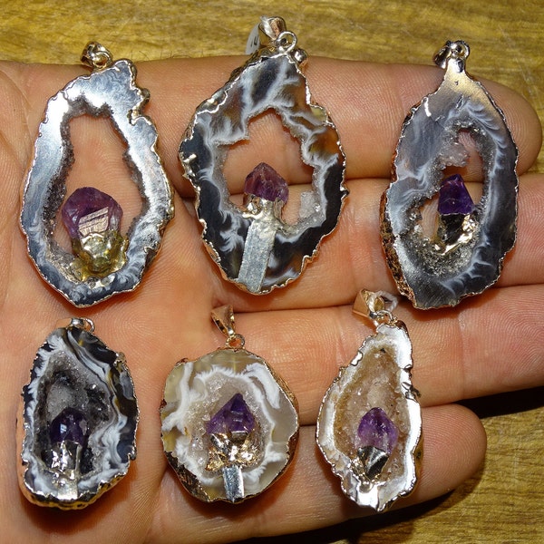 Slice of Agate Geodhinos + Amethyst Crystal, Silver mountings, very beautiful pieces, 4cm x 3 x 0.8, magnificent, captivating, rare...