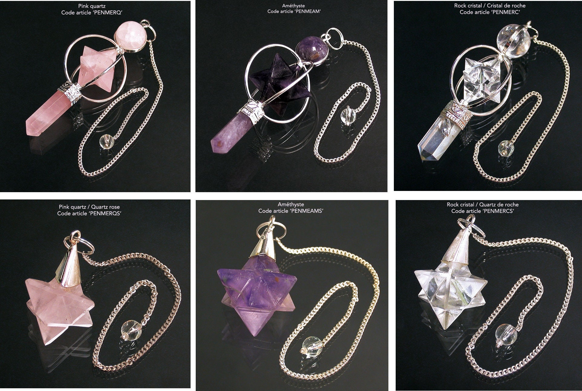 Pendules Merkaba/ Mercabah, Modèle Simple ou Complexe en Améthyste, Quartz Rose, Cristal de Roche et