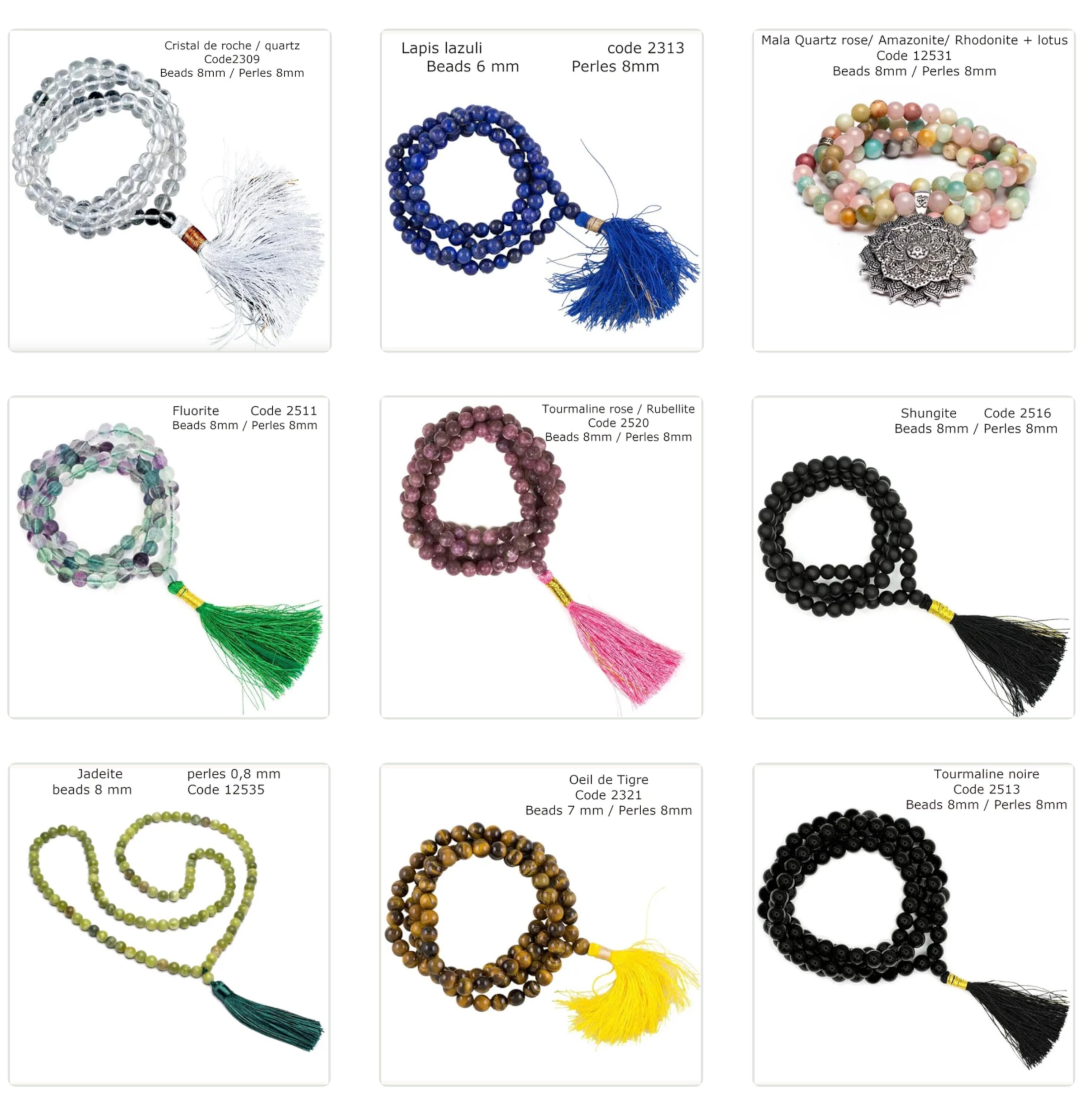 Mala en Perles de Pierres, 9 Modèles Au Choix, Quartz, Oeil Tigre, Fluorine, Lapis, Rubellite, Shung