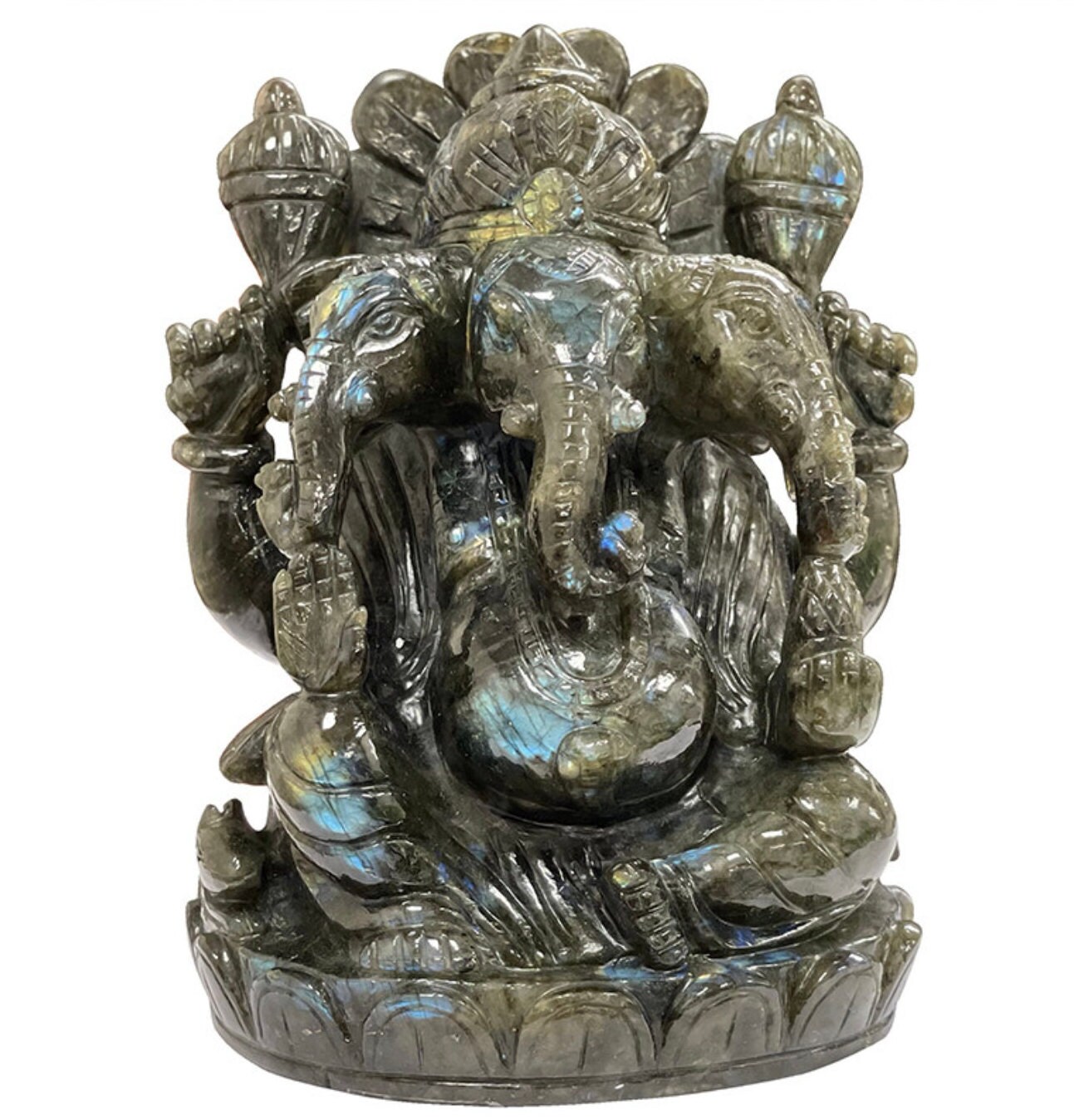 Ganesh en Labradorite, de 2.85 Kg. Dimension 13 X 12 cm, Sculpté à La Main Inde. Pièce Rare et Uniqu