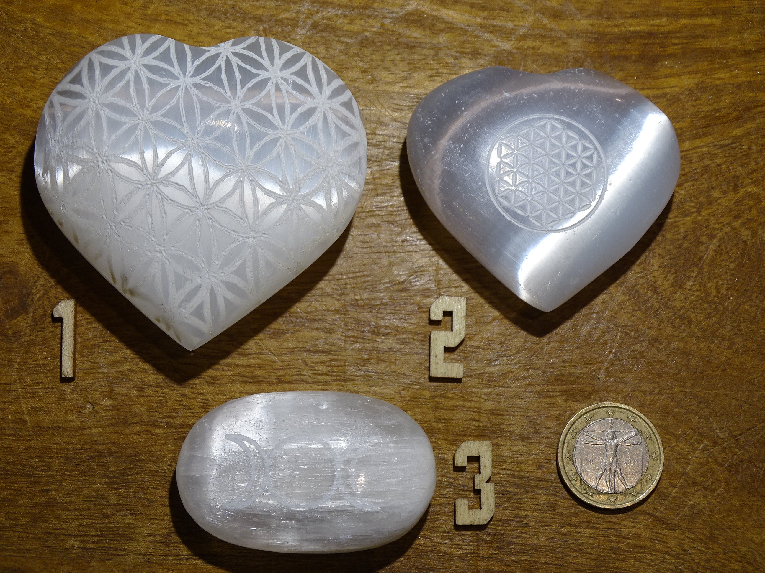 Coeurs en Pierre de Sélénite avec Gravure La Fleur Vie, 2 Pièces Au Choix, Magnifique Qualité Aa, 5x