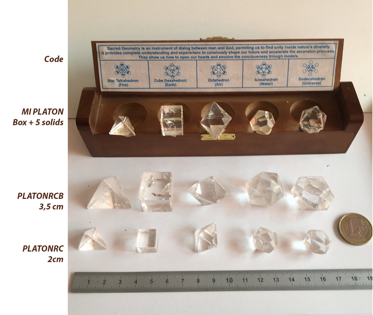 Lot de 5 Solids Platon avec ou Sans Coffret', en Cristal Roche. 2 Tailles Au Choix. Equilibre & Éner