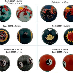 Health balls, Brocade box included, for Qi Gong, health and healing. Designs: butterfly, Ying Yang, Dragon, Sun/Moon, Qi Xin Ylang