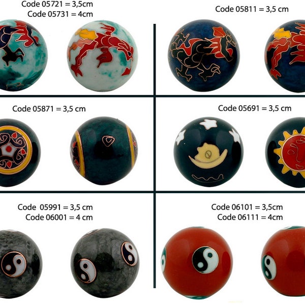 Health balls, Brocade box included, for Qi Gong, health and healing. Designs: butterfly, Ying Yang, Dragon, Sun/Moon, Qi Xin Ylang