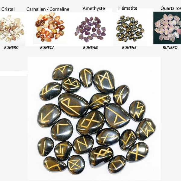 Sélection de Jeu de runes de qualité, 5 modèles au choix, amèthyste, cristal de roche, cornaline, hématite, quartz rose...Lot de 25 pièces !