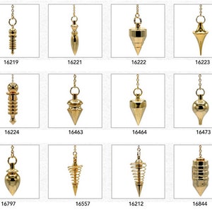 Selection of pendulums in gold plated finish, several shapes to choose from, Egyptian, Atlantis, Spiral...Very good quality, sold with cover.