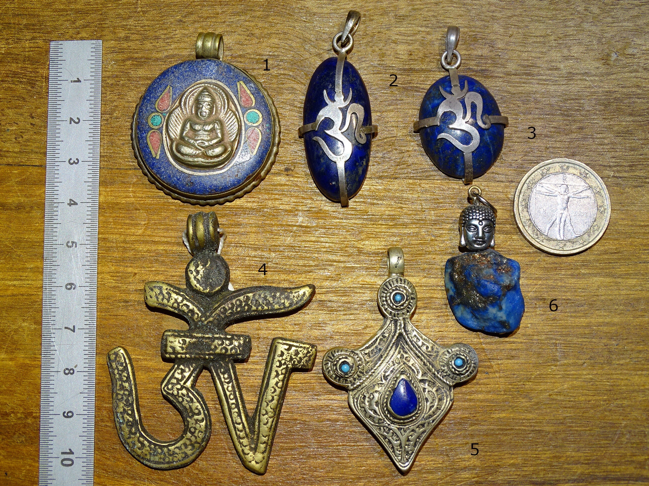 Lapis Lazuli, Pendentifs de Qualité, Finition Ton Argent, Buddha, Om/ Aum... Pierre La Connaissance