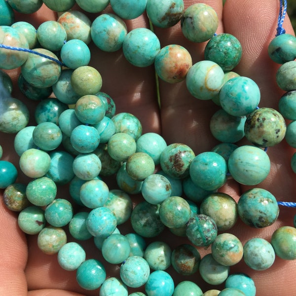 Turquoise Extra du Pérou, perles rondes de 6 ou 8 mm, en bracelet, collier ou fil de perle 40cm. Très belle qualité, naturel et parfait.