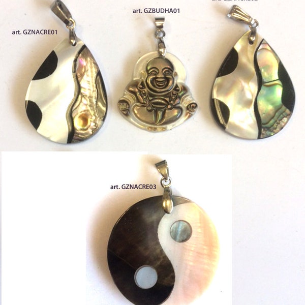 Sélection de pendentifs en Nacre, Yin Yang, Goutte, Buddha, très belle qualité, finitio nArgent pour la bèlière, vendu seul ou avec cordon !