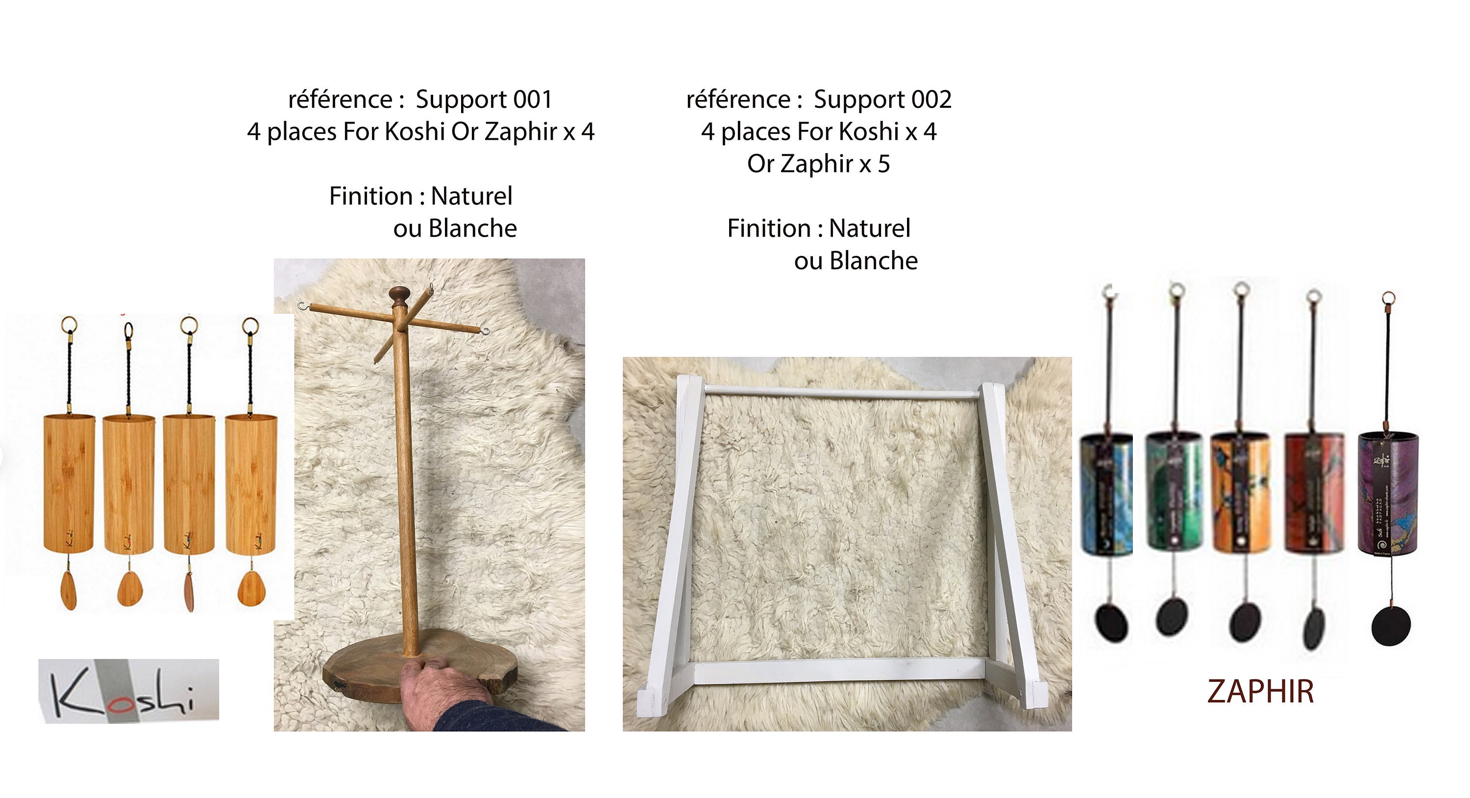 Supports en Bois, Pour Les Carillons Koshi et Zaphir, 2 Modèles/ Finitions Au Choix, Naturelle ou Bl