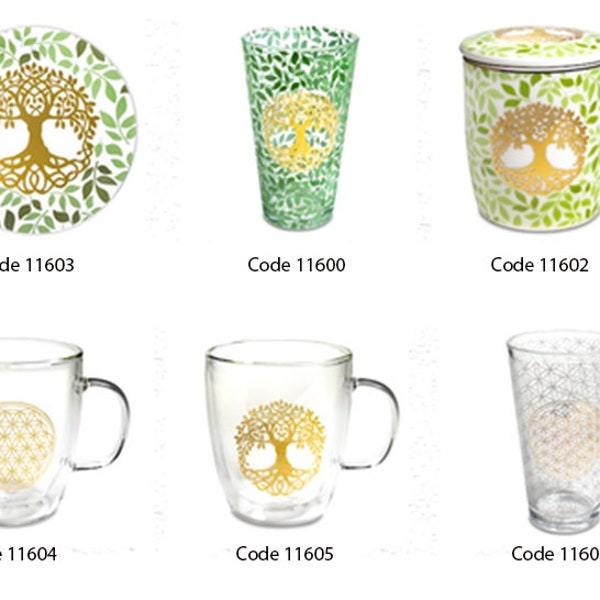 Infuseurs, verres, tasses, sous verres en liège avec motifs arbre de vie ou fleur de vie. Trés belle qualité, mettez vous au vert :)
