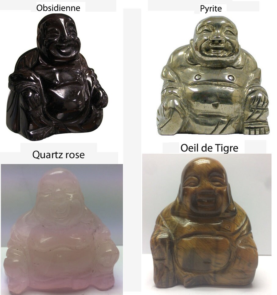 Selection de Statuettes Buddha, Fait Main', 7 à 8 cm Haut, en Oeil Tigre, Obsidienne, Pyrite et Quar