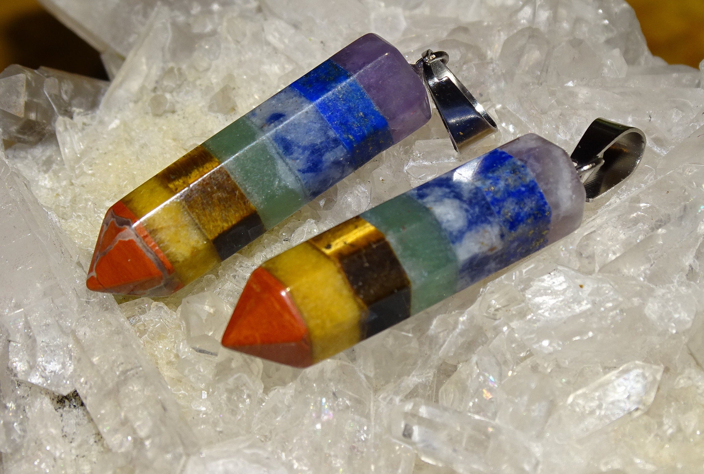 Pendentif Pointe/ Laser 7 Chakras, Améthyste Lapis Lazuli Sodalite Aventurine Verte Oeil Du Tigre Ja