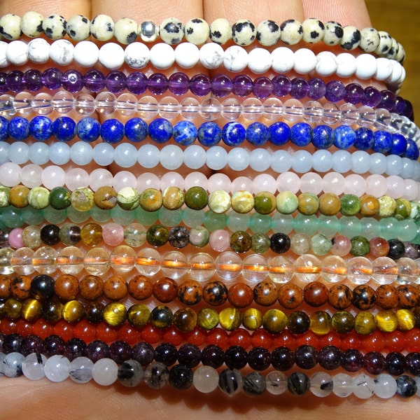 Collier/ bracelet 3 rangs de 50cm, concept Gem et Zen, perles rondes 4mm, 11 pierres au choix, montés sur élastique haute résistance !!!