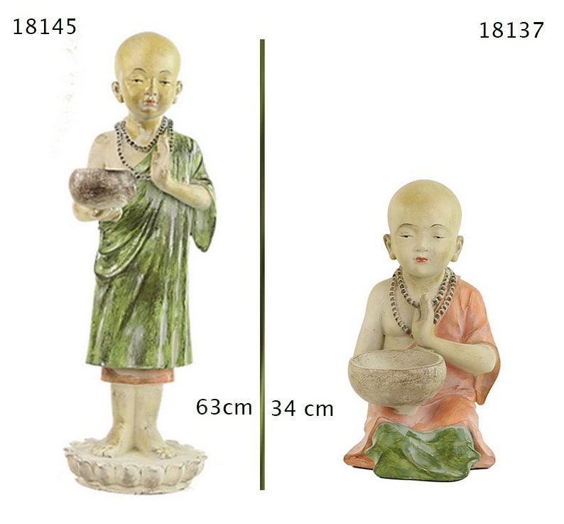 2 Statues de Moinillon Bouddhiste Au Choix, Portant Le Mala en Collier et Bol à Offrande, Incroyable