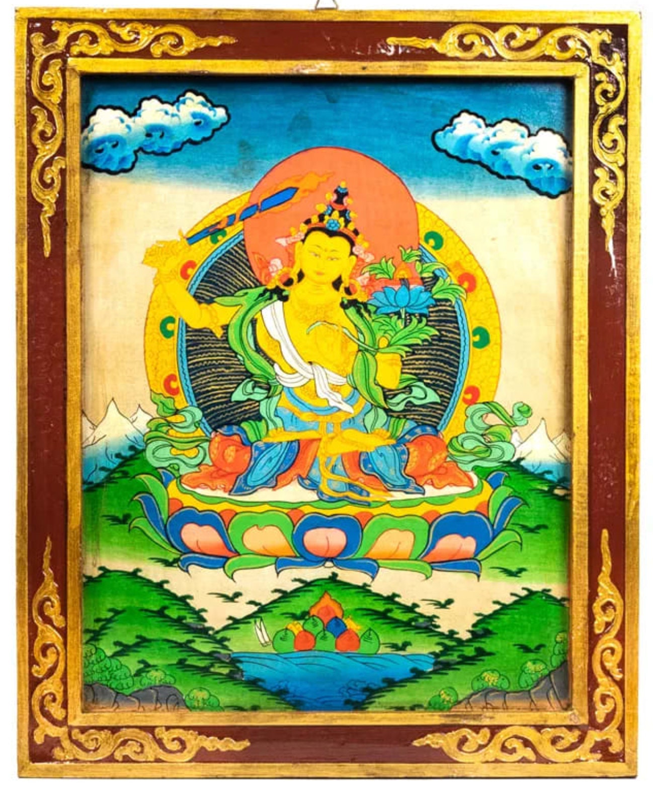 Thangkha Coloré de Bouddha Manjushri, Le La Sagesse, sur Panneau Bois, 33x44cm. Peint à Main Par Des