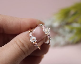 Adorable anillo de flores oro rosa joyería de plata declaración apilable anillo midi regalo para mujeres aniversario de vacaciones regalo de cumpleaños ajustable