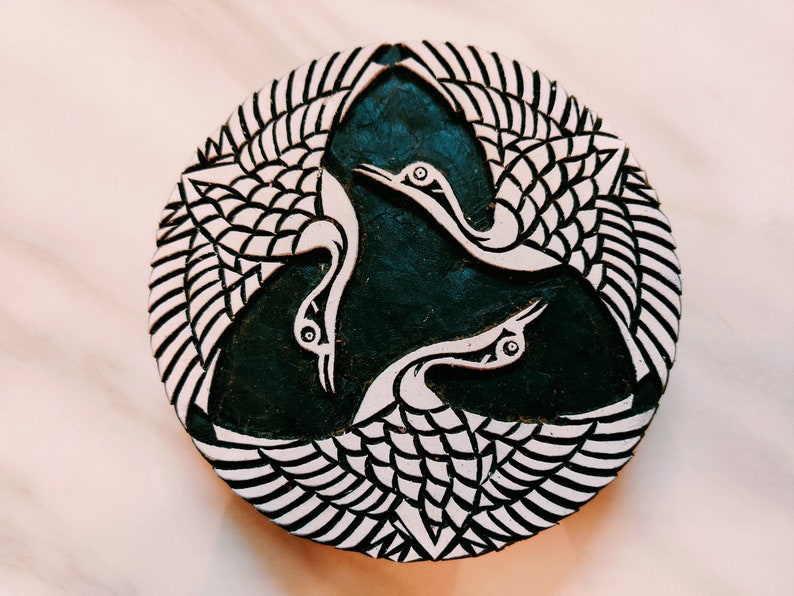 Japanese Indigo cranes; three cranes batik stamp; India wood printing block; hand carved stamp; pottery stamp